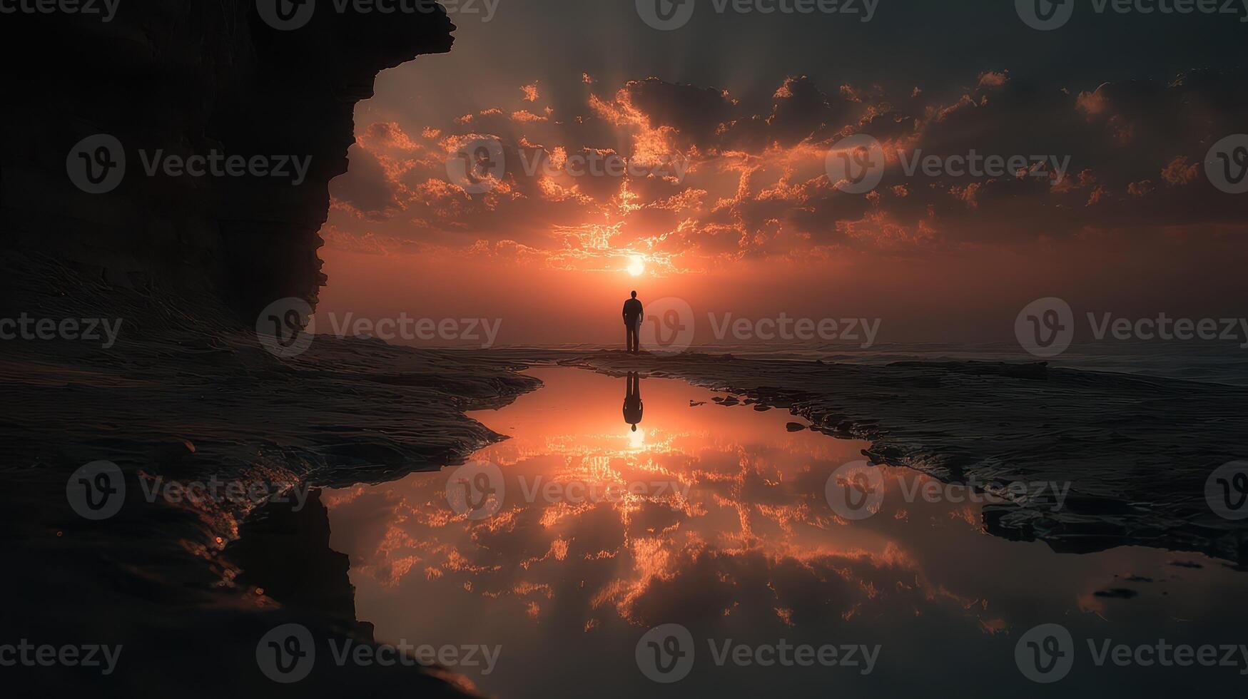 Sunset reflection on tranquil beach with solitary figure standing by water photo
