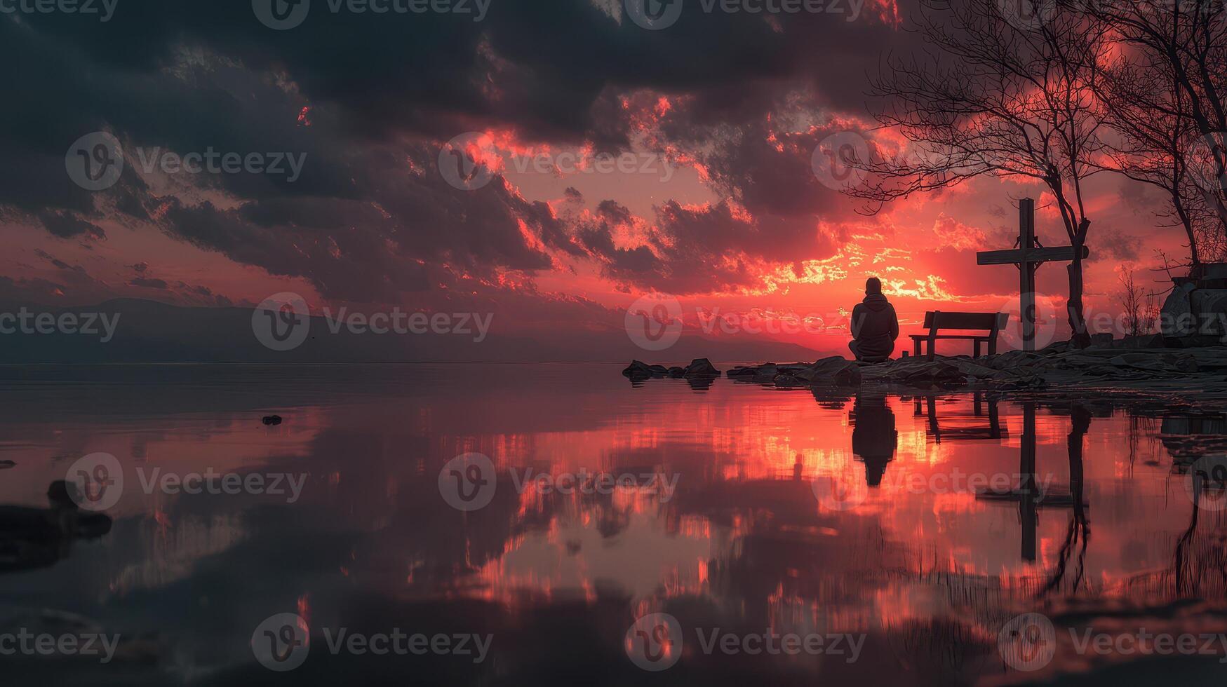 Vibrant sunset reflects off calm waters as a lone figure sits quietly at the lake's edge during twilight hours photo