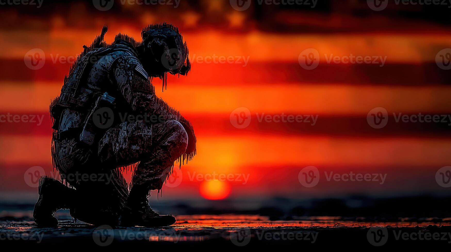 Soldier kneeling in silhouette against a vibrant sunset background featuring the American flag photo