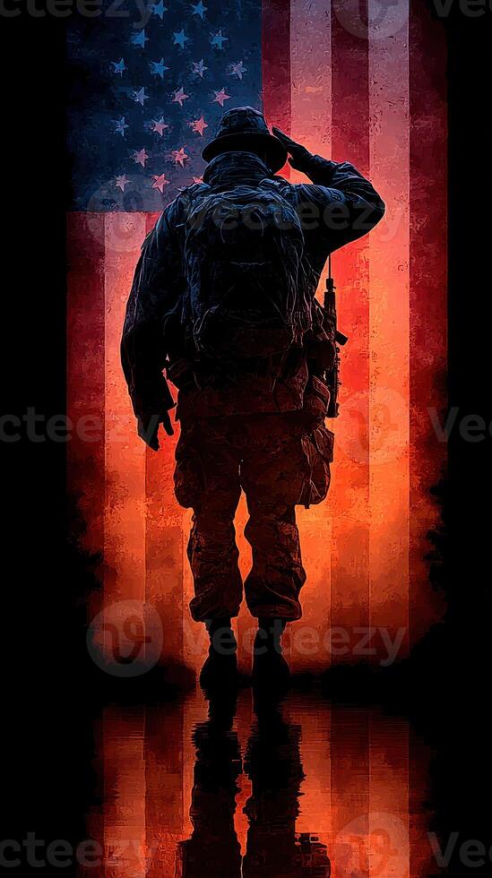 Soldier saluting in front of American flag at twilight with reflective ground photo
