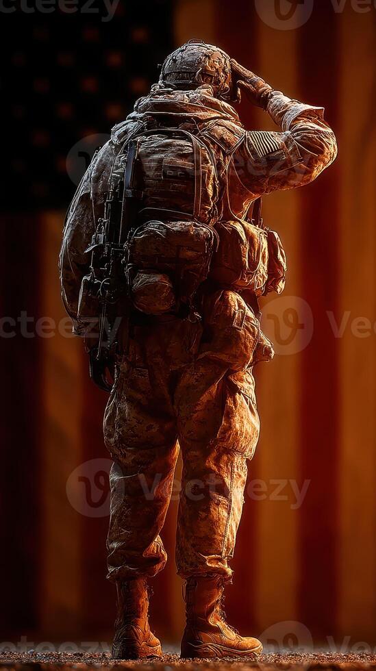 Soldier in uniform saluting against a backdrop of the American flag, honoring service and patriotism in a respectful manner photo