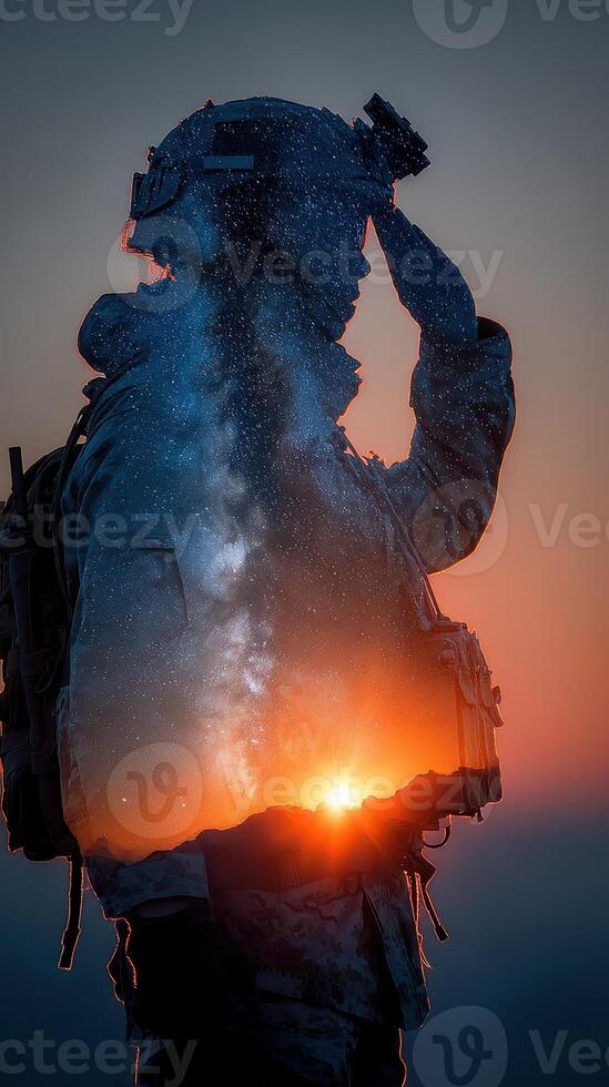 Soldier gazing at the stars during twilight with a cosmic background filled with stars and a vibrant sunset visible photo
