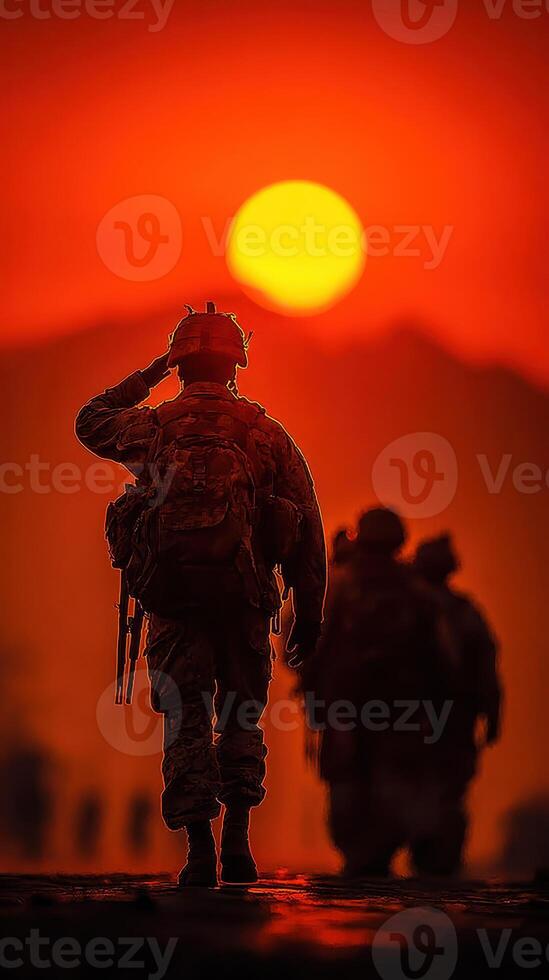 Soldiers salute the setting sun during a peaceful evening retreat in a mountainous landscape photo