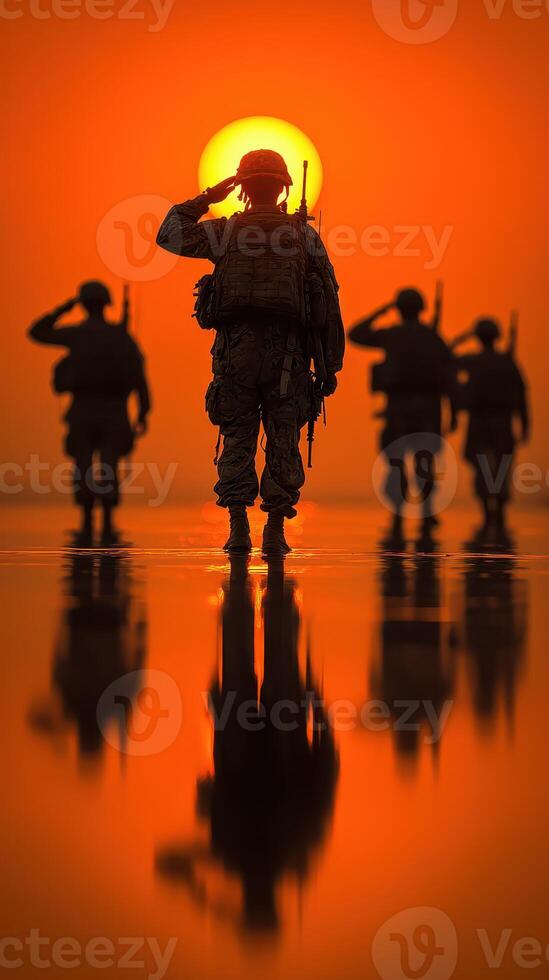 Soldiers salute during sunset, reflecting their unity and commitment to service in a serene landscape photo