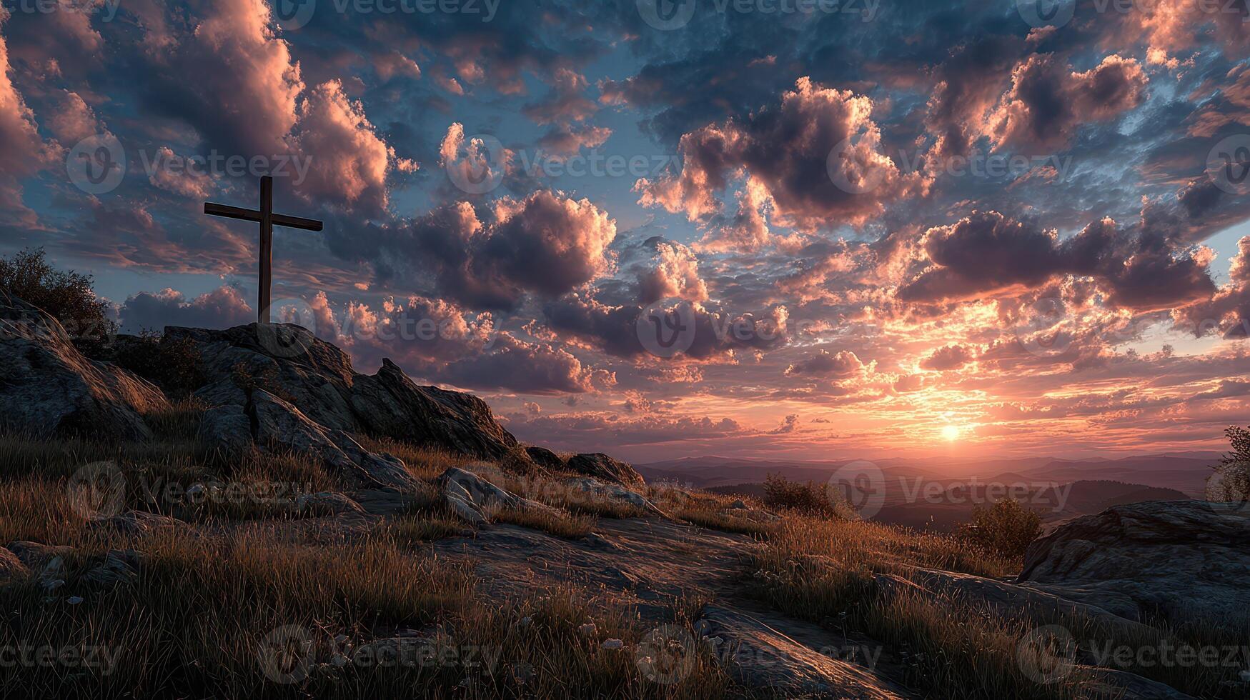 Beautiful sunset at a mountain cross with colorful clouds and serene landscape in the background photo
