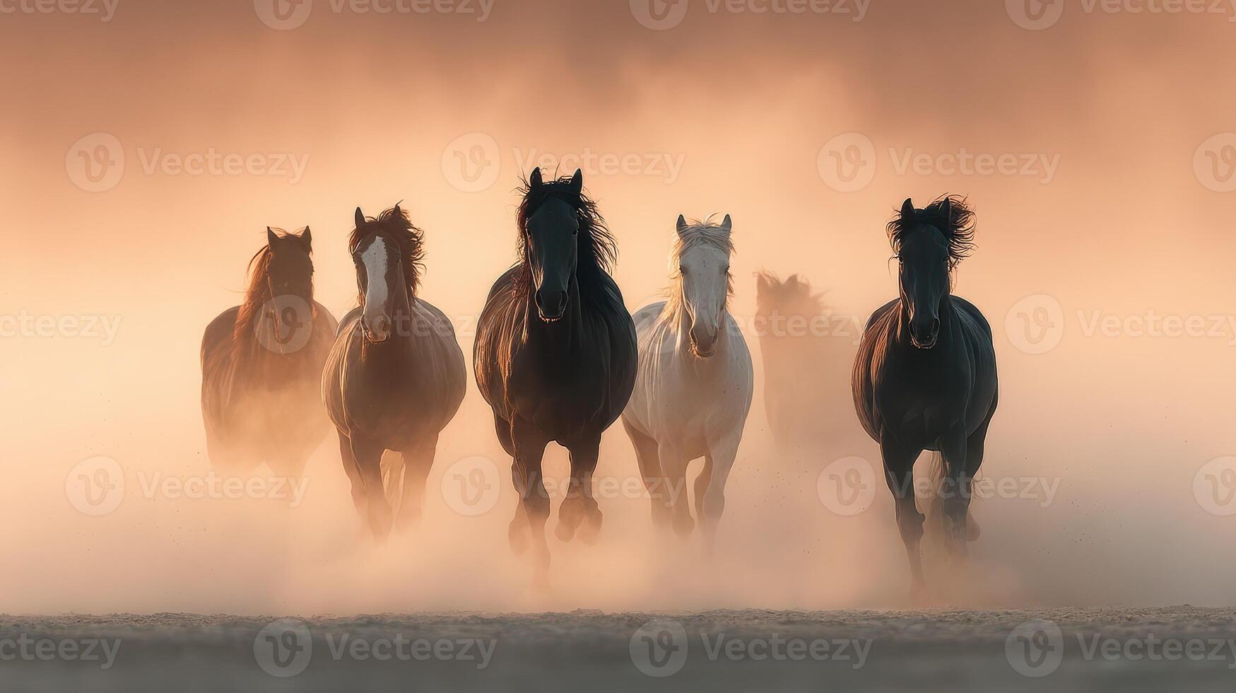 Majestic horses running through dusty plains at sunset creating an enchanting atmosphere of freedom and beauty photo