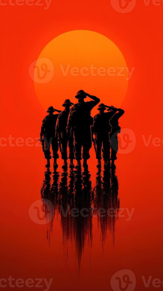 Soldiers saluting against a bright sunset with reflections in a tranquil setting photo