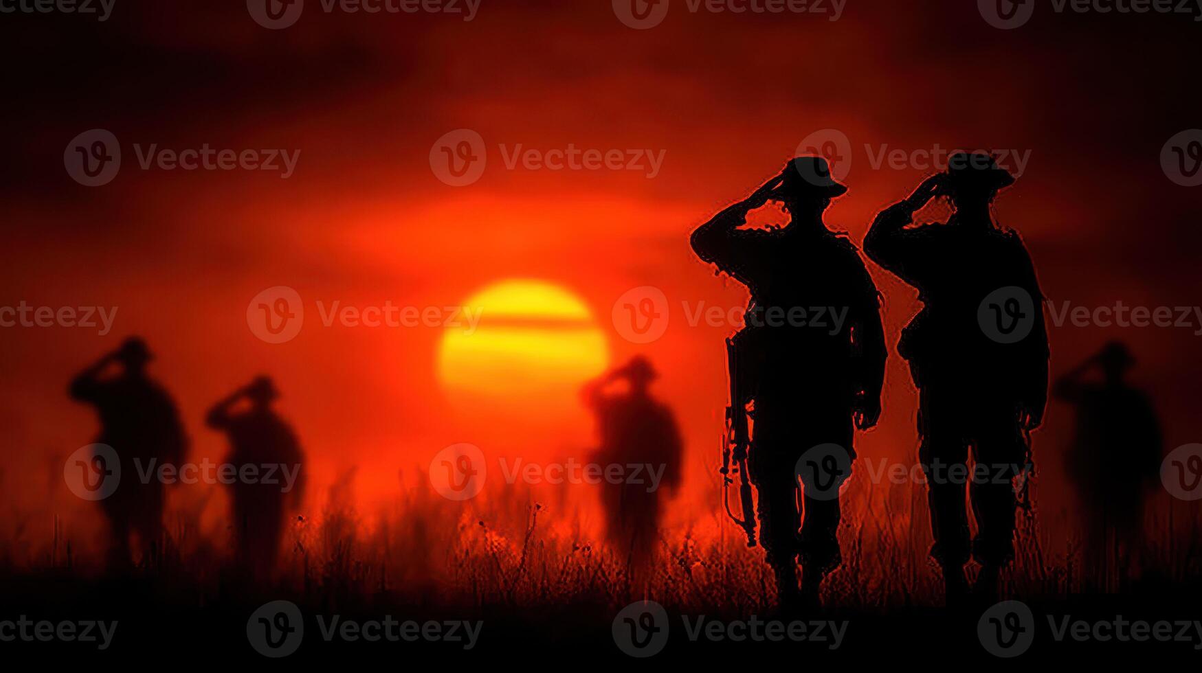 Soldiers saluting at sunset during a solemn ceremony on a quiet evening photo