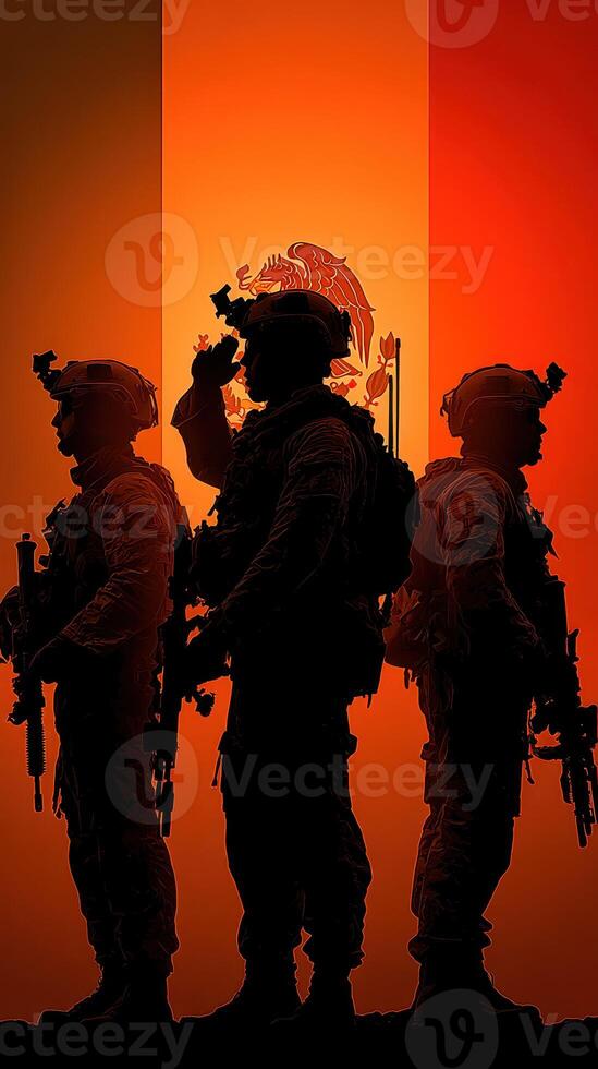 Soldiers in silhouette stand against a vibrant background inspired by national colors at dusk photo