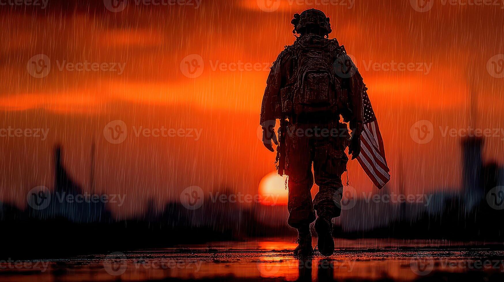 Soldier walking at sunset while holding American flag under rainy skies in urban setting photo