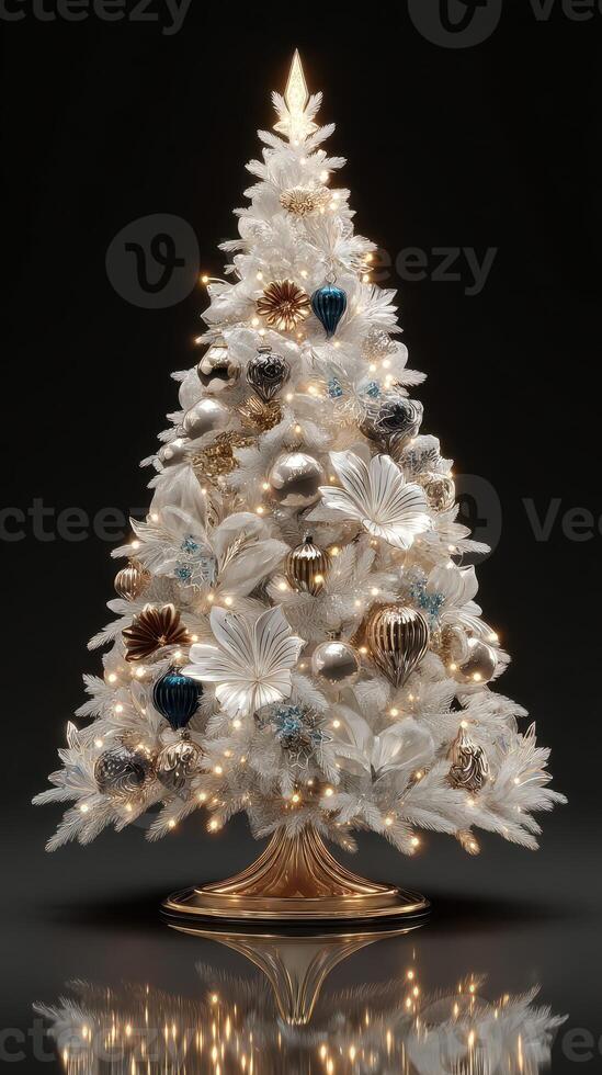 Elegant white Christmas tree adorned with golden and blue ornaments, glowing in a dark setting during the holiday season photo