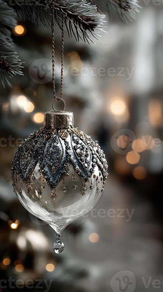 Elegant glass ornament hanging on a Christmas tree branch with soft bokeh lights in the background photo