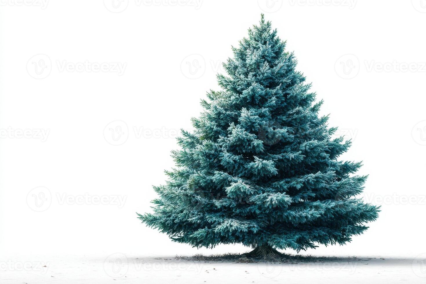 Frost-covered evergreen tree stands majestically against a blank winter backdrop in the early morning light photo
