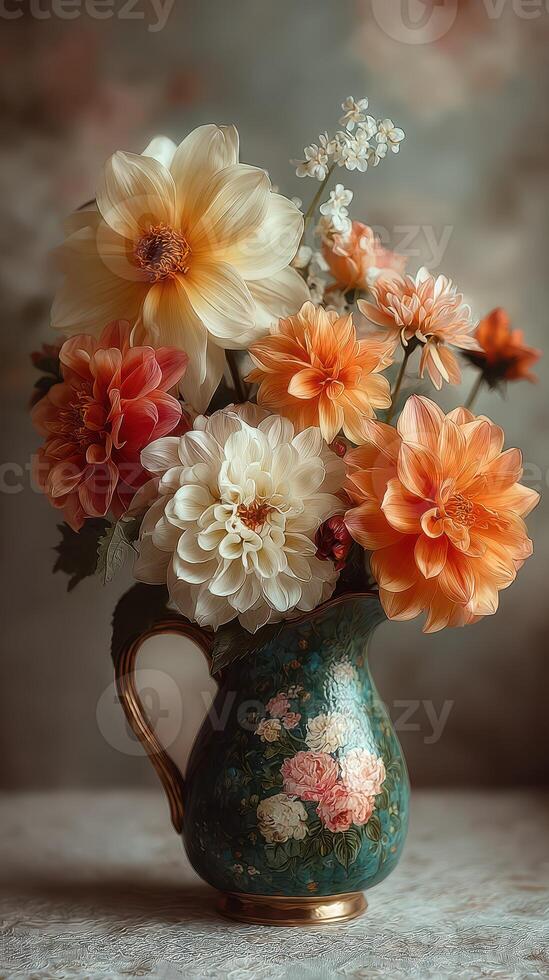 Beautiful floral arrangement in a vintage vase showcasing vibrant dahlias and delicate blossoms on a soft background photo