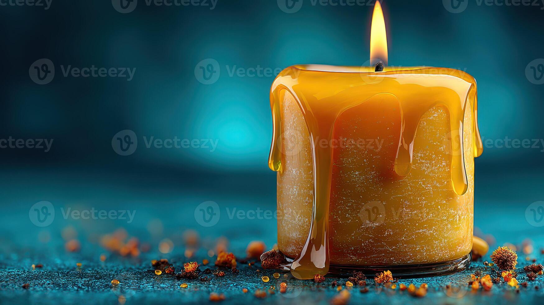 Candle with molten wax melting down its side on a textured surface against a blue background photo