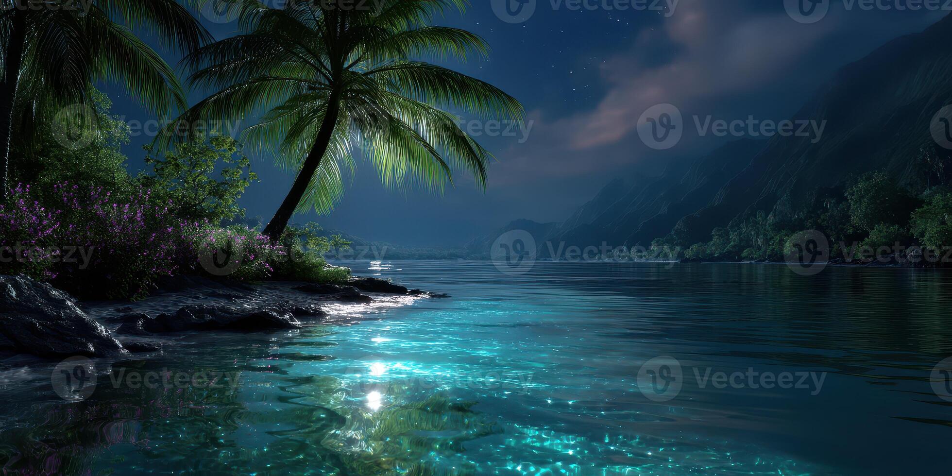 Nighttime serenity by a tropical river, illuminated water, and lush vegetation create a peaceful atmosphere under a starry sky photo