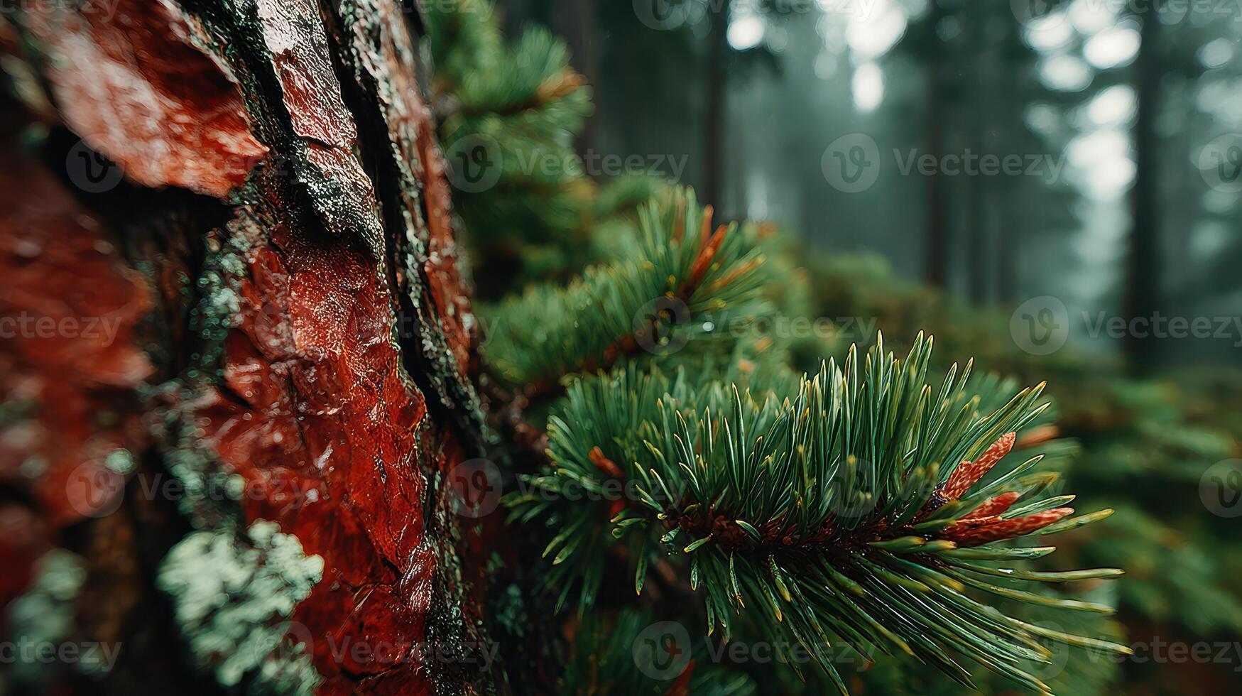 Close view of vibrant pine tree bark and lush needles in a misty forest during early morning hours photo