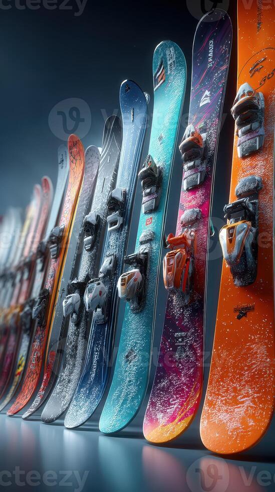 Ski equipment lineup showcasing colorful snowboards in a well-lit indoor setting photo