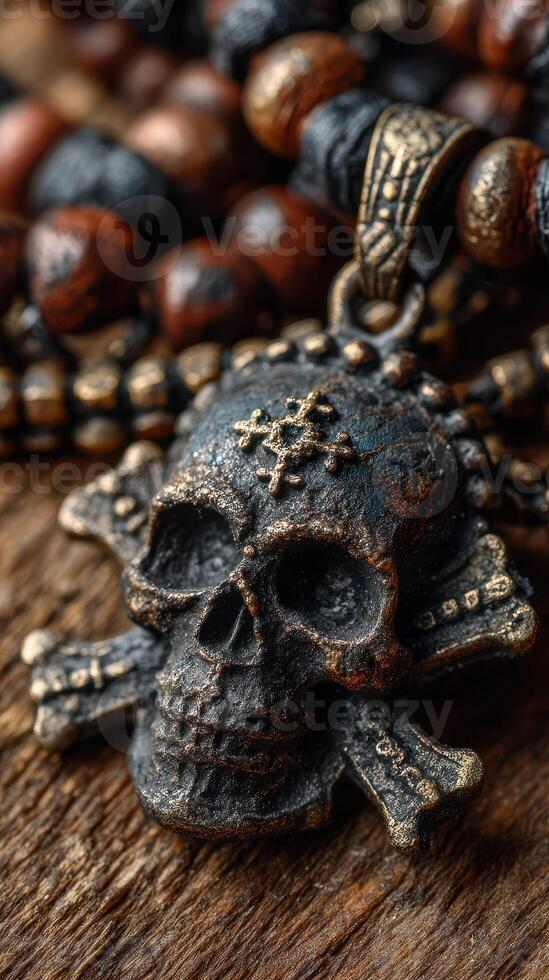 Pirate-themed necklace featuring a skull and crossbones pendant detailed against a rustic wooden background photo