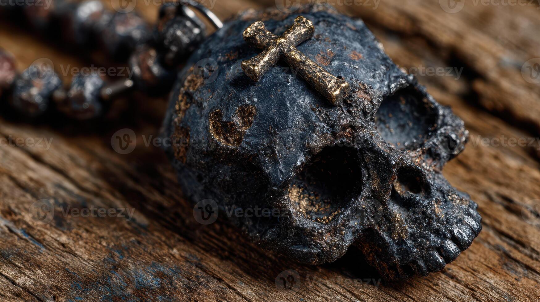 Unique skull pendant with cross design resting on wooden surface in soft light photo