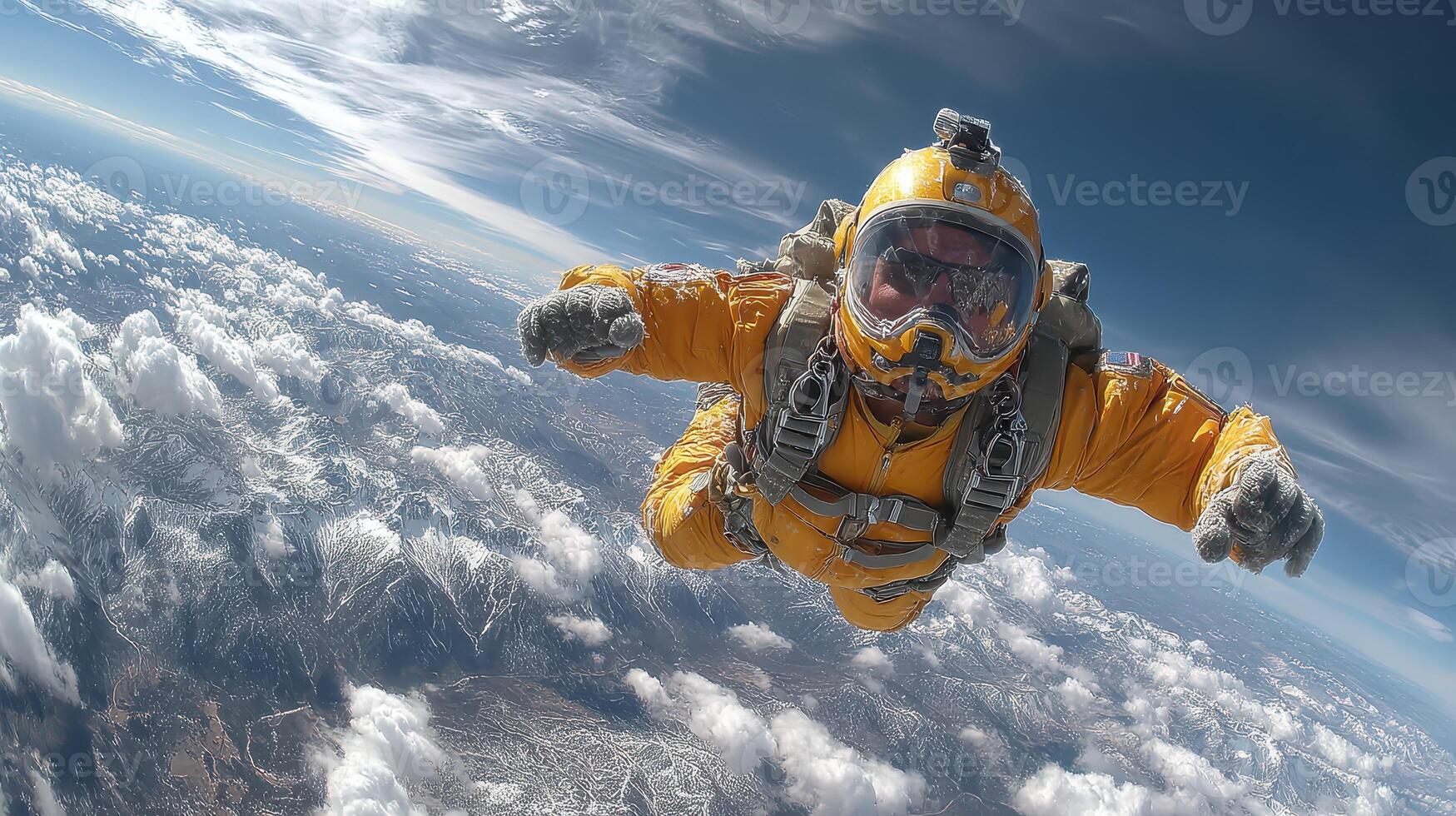 Skydiver in bright orange suit gracefully free-falling through clouds over snowy mountain range in daytime photo