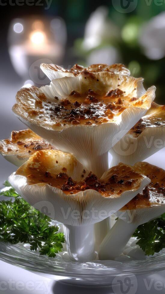 Grilled mushrooms served elegantly on a plate with garnishing at a fine dining restaurant during evening hours photo