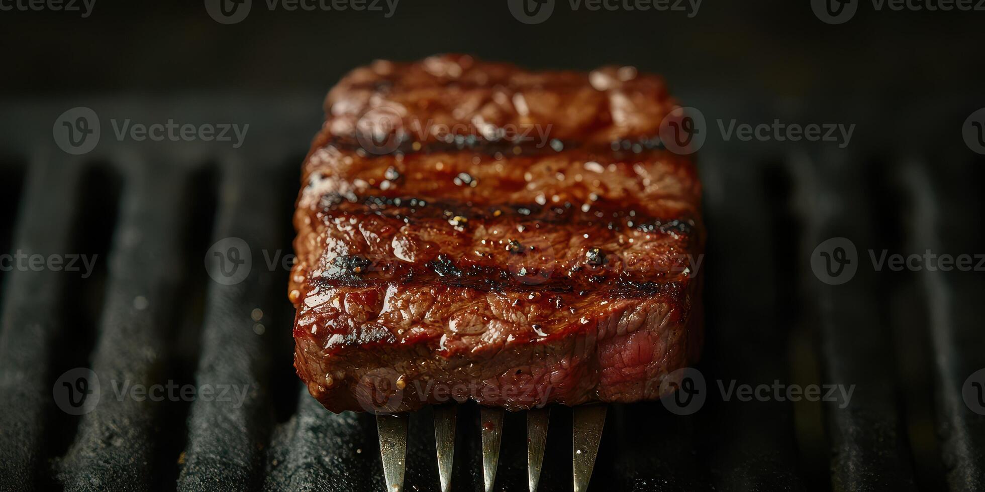 Juicy grilled steak resting on a fork with grill marks and a rich brown color photo