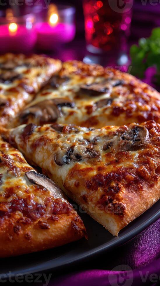Delicious mushroom pizza served on a black plate at a cozy dining table with candles and vibrant decor photo