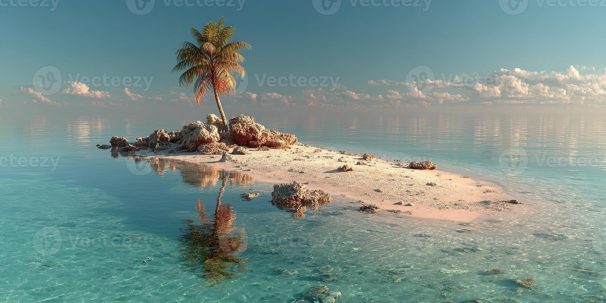 Tranquil tropical island with clear water and lone palm tree under a bright sky photo