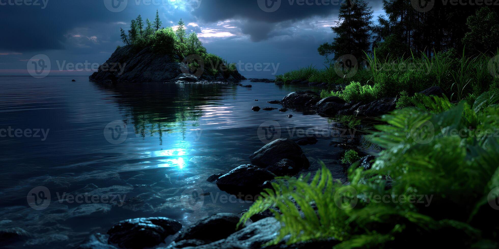 Luminous shoreline at night with serene water reflections and lush greenery in a peaceful natural setting photo