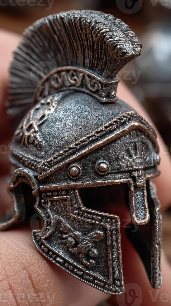 Detailed miniature Roman gladiator helmet held in hand with intricate metalwork at a display event during afternoon light photo