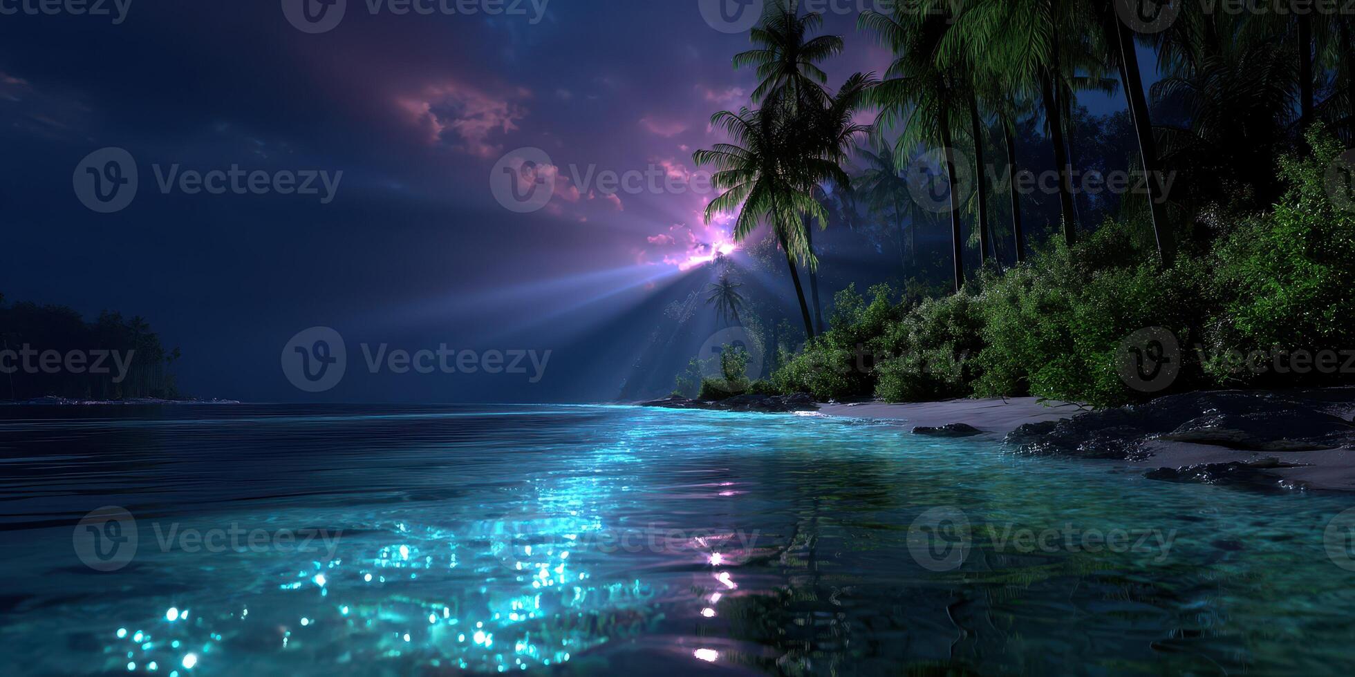 Starlit beach at night with glowing water and palm trees illuminated by moonlight photo