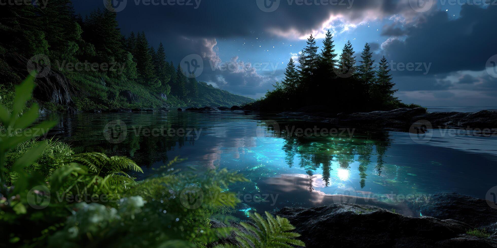 Captivating night view of a serene lake surrounded by forested hills under a starry sky photo