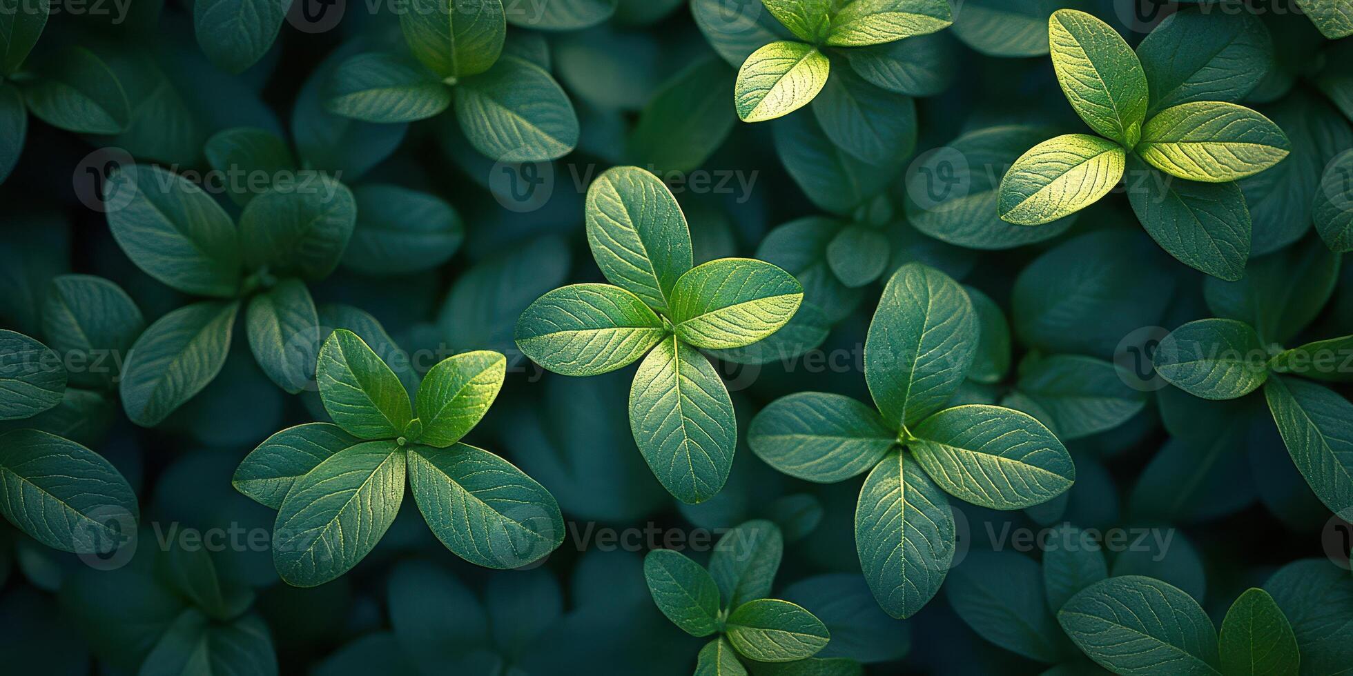 Vibrant green leaves illuminated by soft light in a natural setting during early morning hours photo