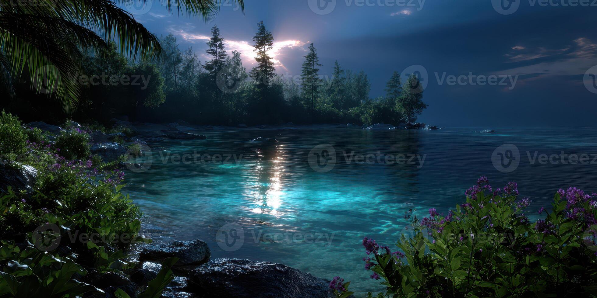 Calm night on a tropical shoreline with shimmering water and moonlight reflecting on gentle waves photo