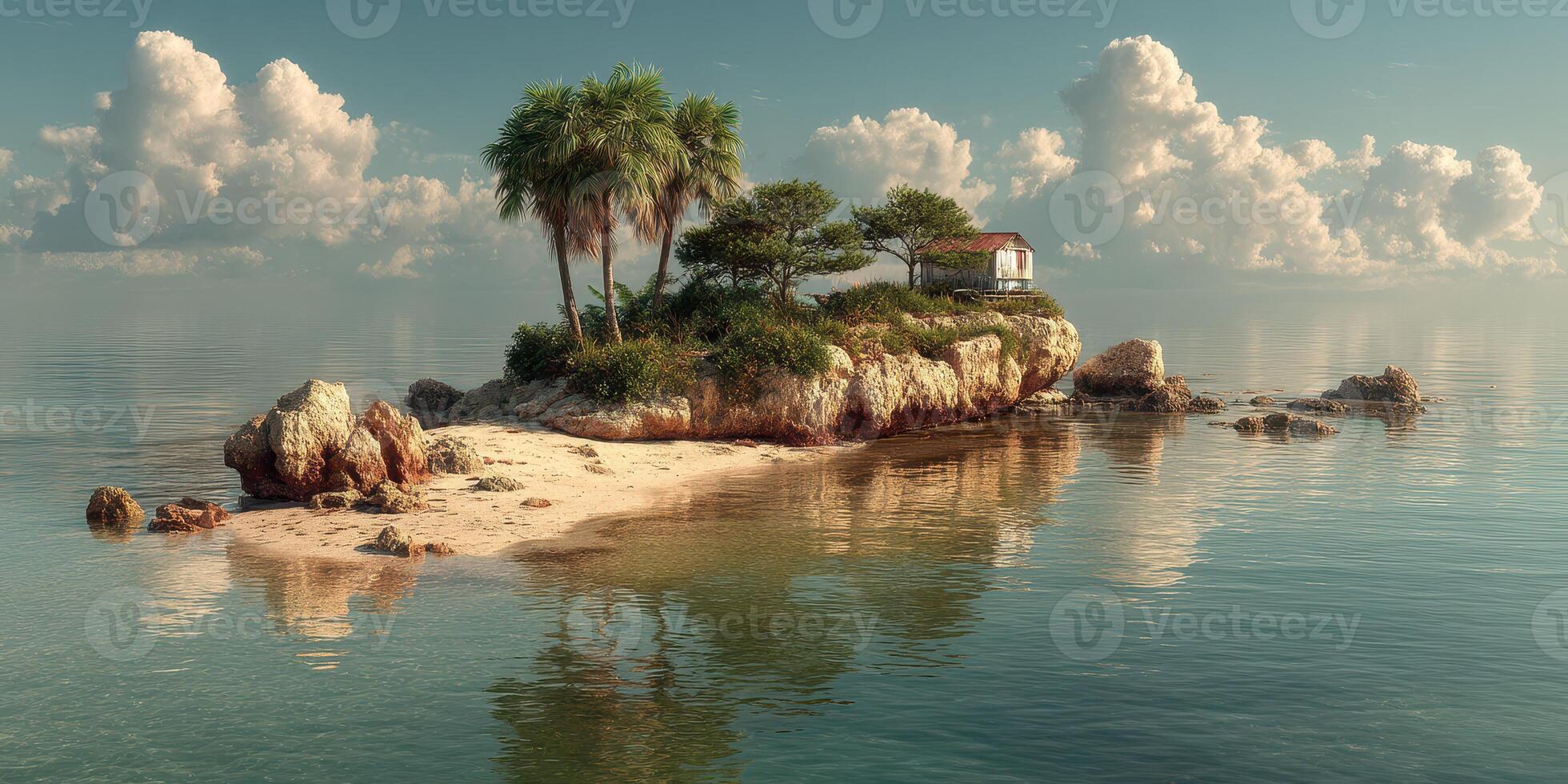 Serene tropical island with a small house surrounded by calm waters and lush greenery at midday photo