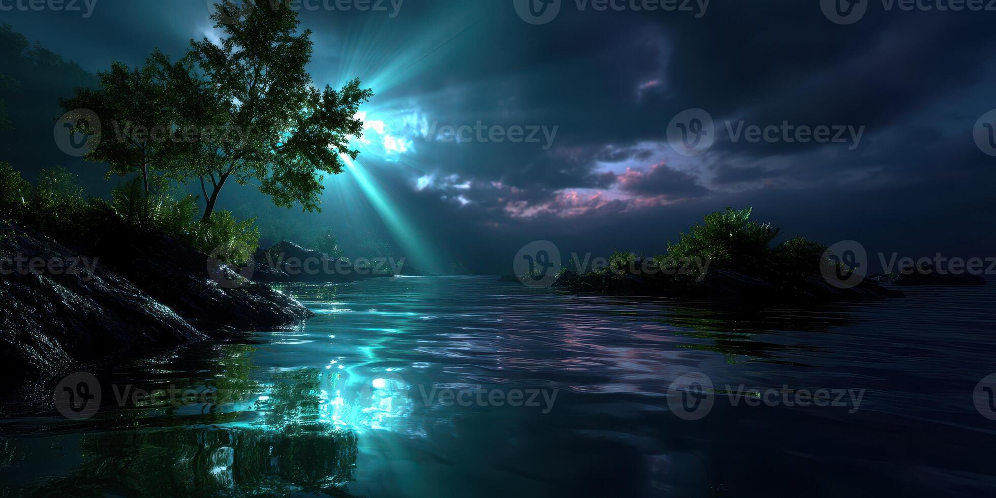 Beautiful night landscape with glowing water and tree under dramatic sky at twilight photo