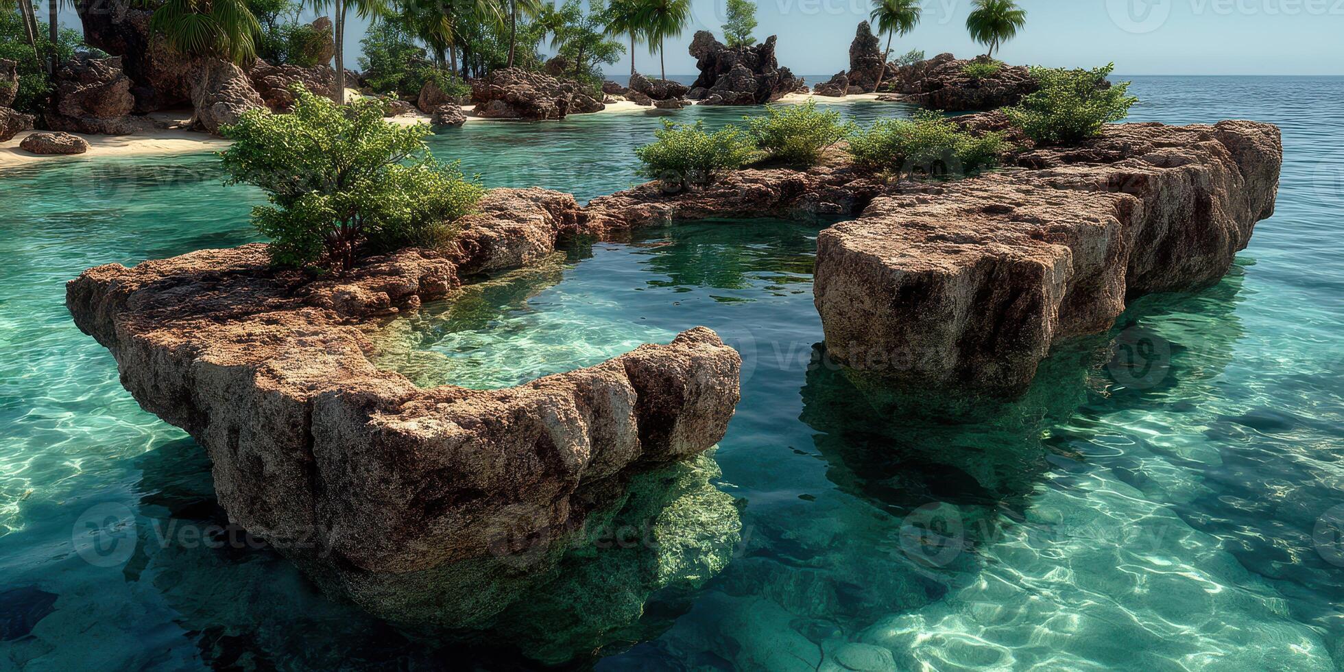 Rocky formations surrounded by clear turquoise water and lush greenery in a tropical paradise setting photo
