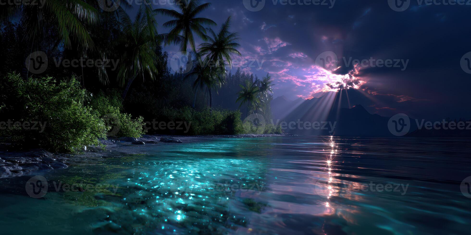 Tranquil night at a tropical beach with luminous waters and radiant clouds illuminating the sky photo