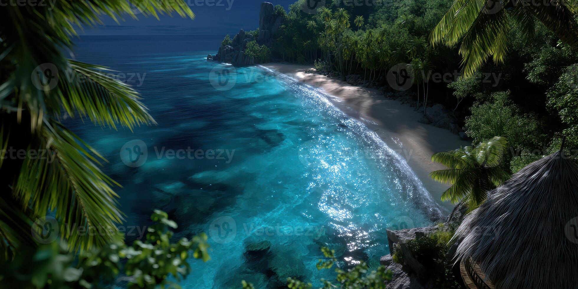 Beautiful tropical beach at night under starlit sky showcasing clear turquoise waters and lush greenery photo