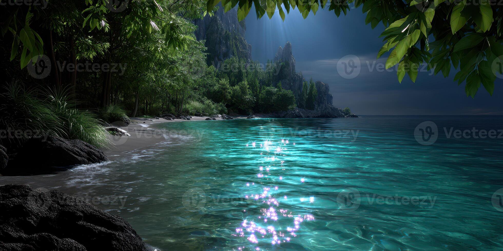 Serene coastal landscape at twilight with shimmering waters and lush greenery photo