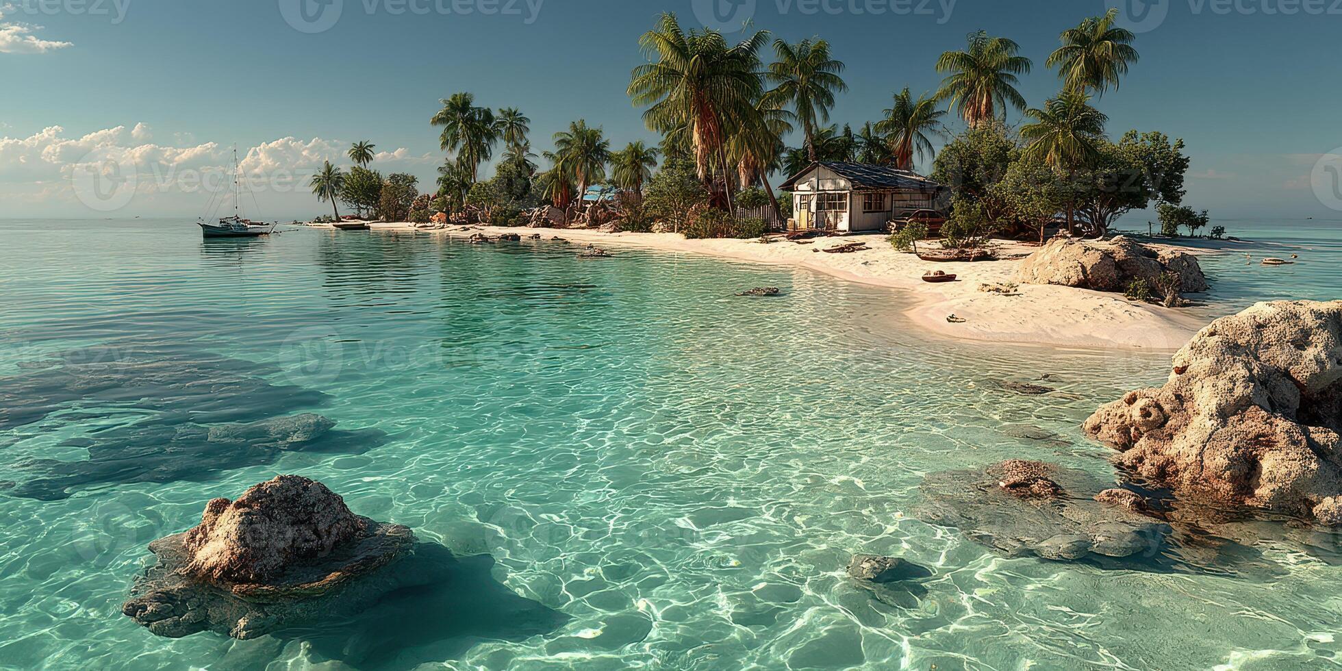 Tropical paradise with pristine waters, palm trees, and a serene island retreat during sunset photo