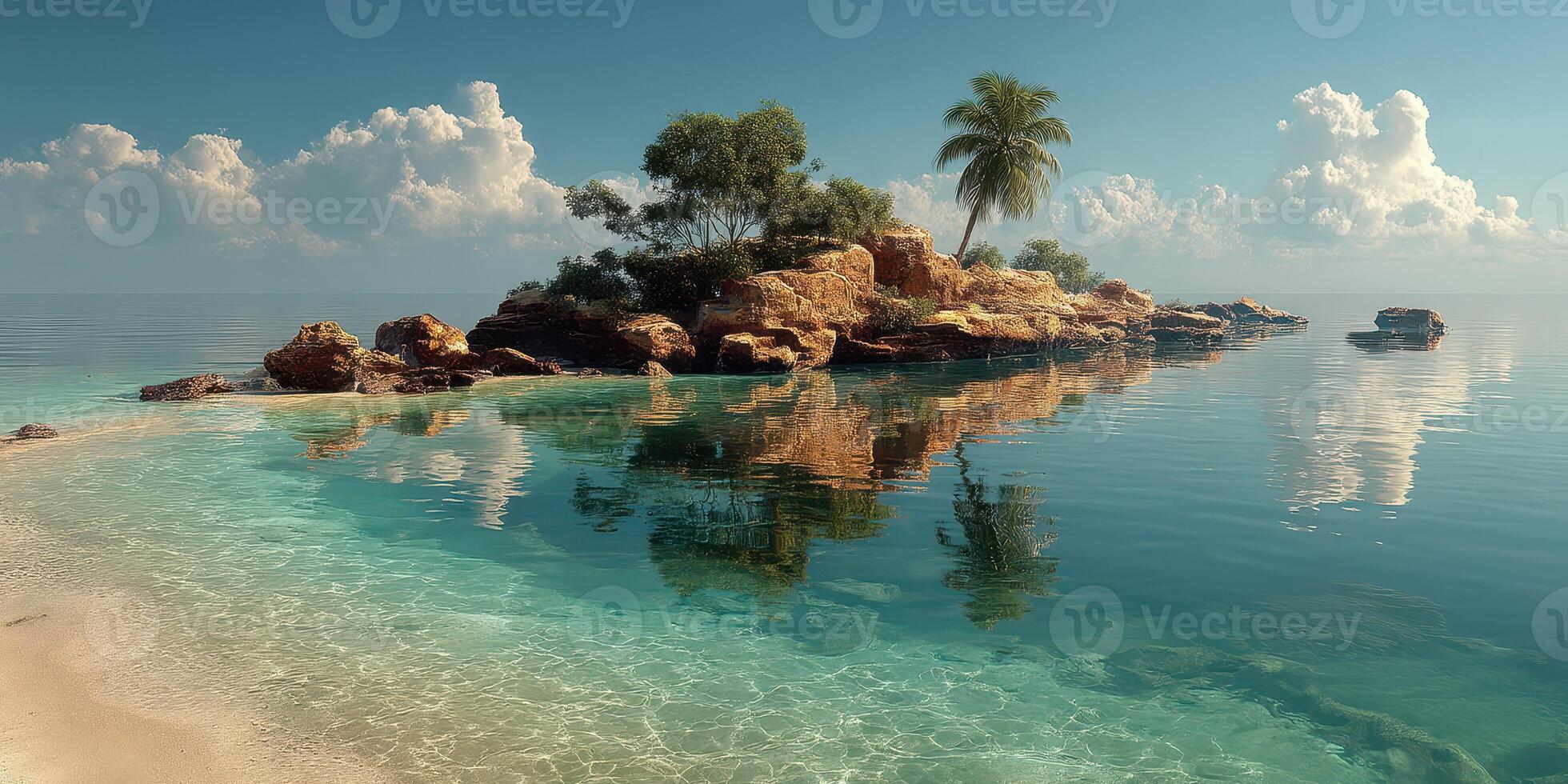 Peaceful tropical island with clear water and lush greenery under a bright blue sky at midday photo
