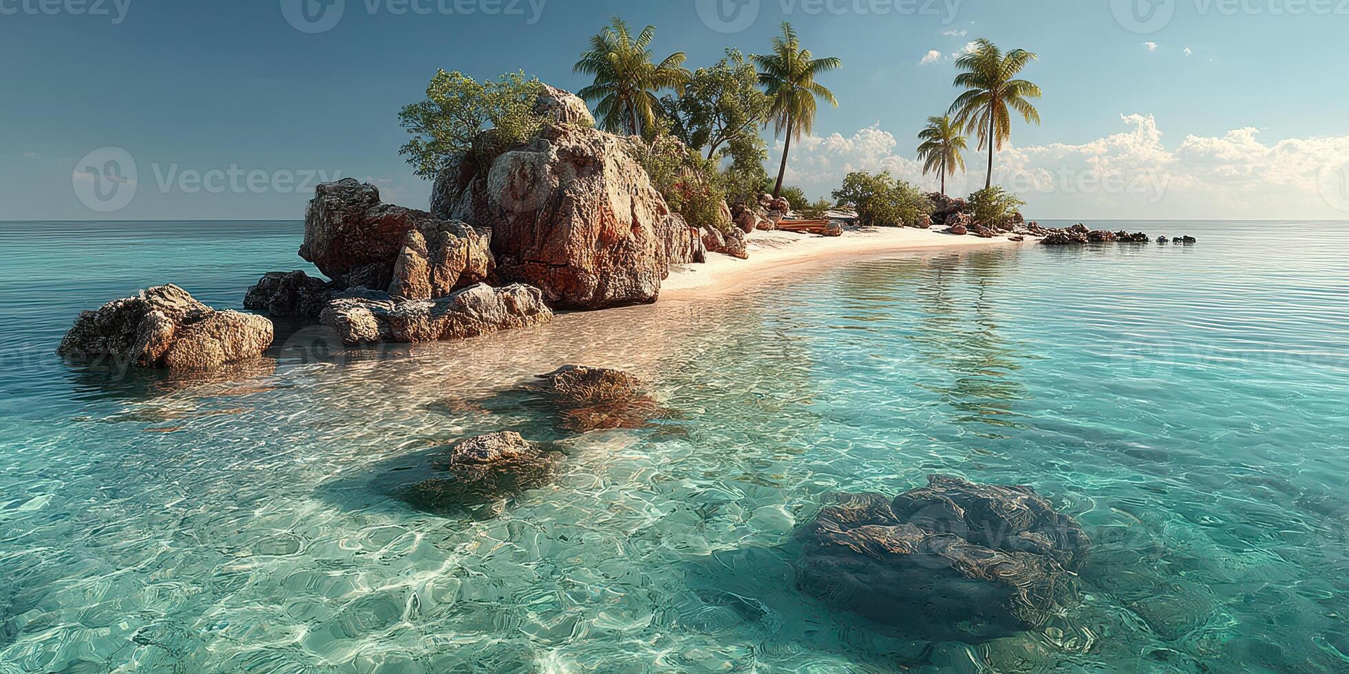 Tropical island oasis with clear waters and palm trees under a bright blue sky in a sunny coastal landscape photo