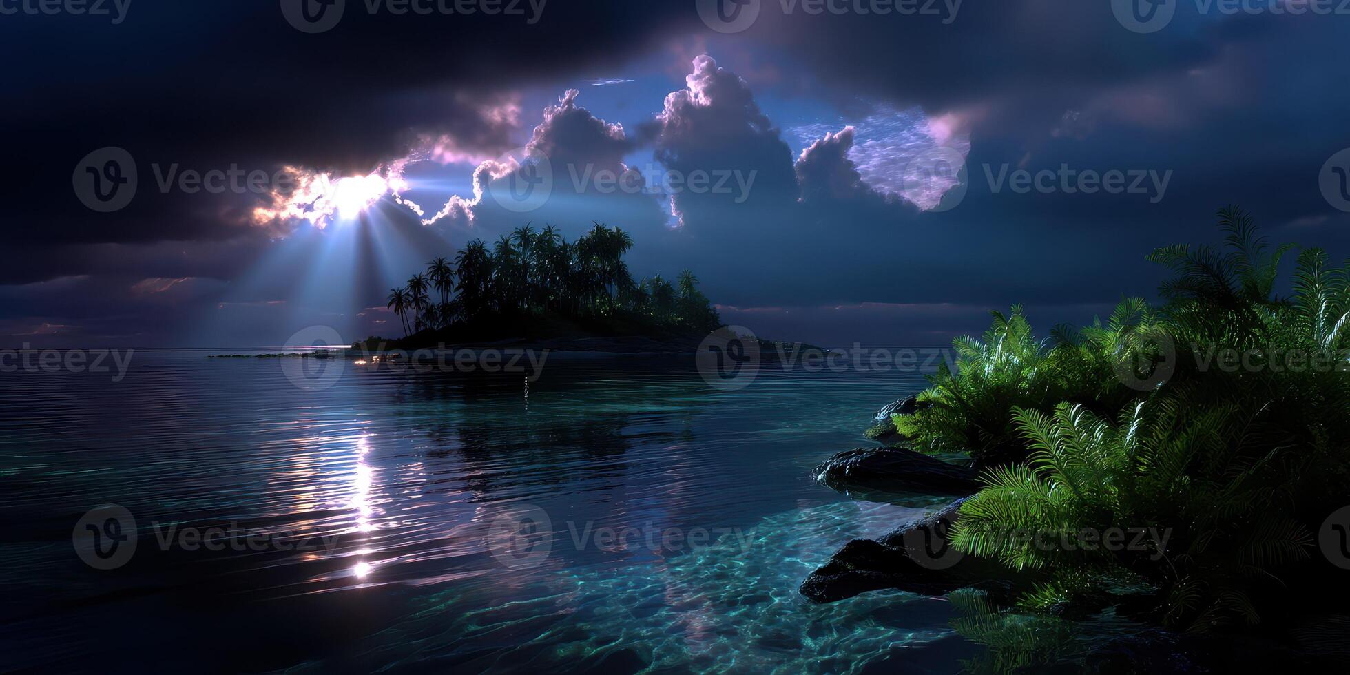 Tropical island bathed in moonlight with lush greenery and calm ocean waters at night photo
