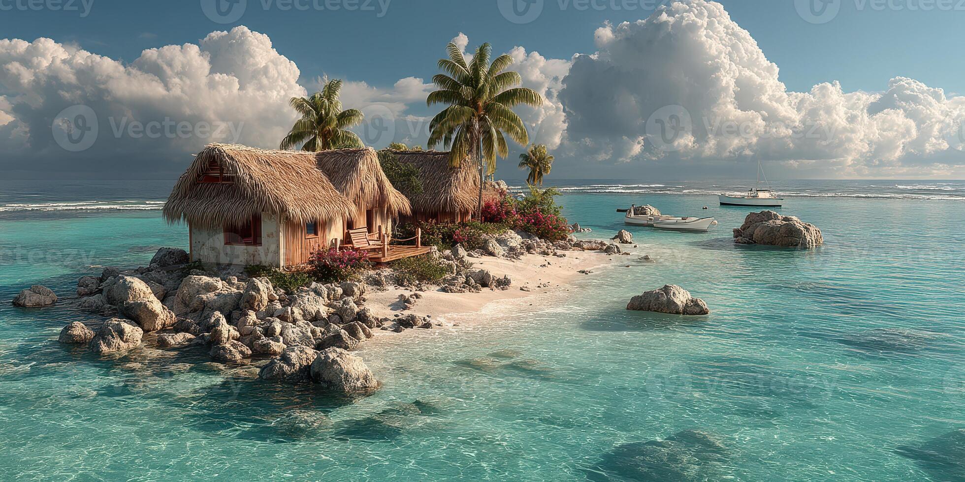 Beautiful tropical island with a thatched-roof cottage surrounded by crystal clear waters and palm trees photo