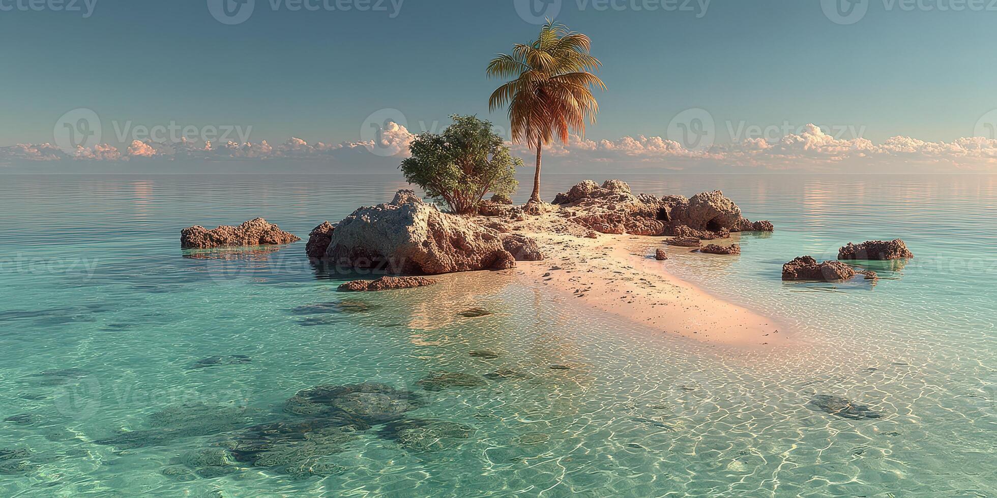 Serene tropical island with clear blue waters and lush palm trees under a sunny sky photo