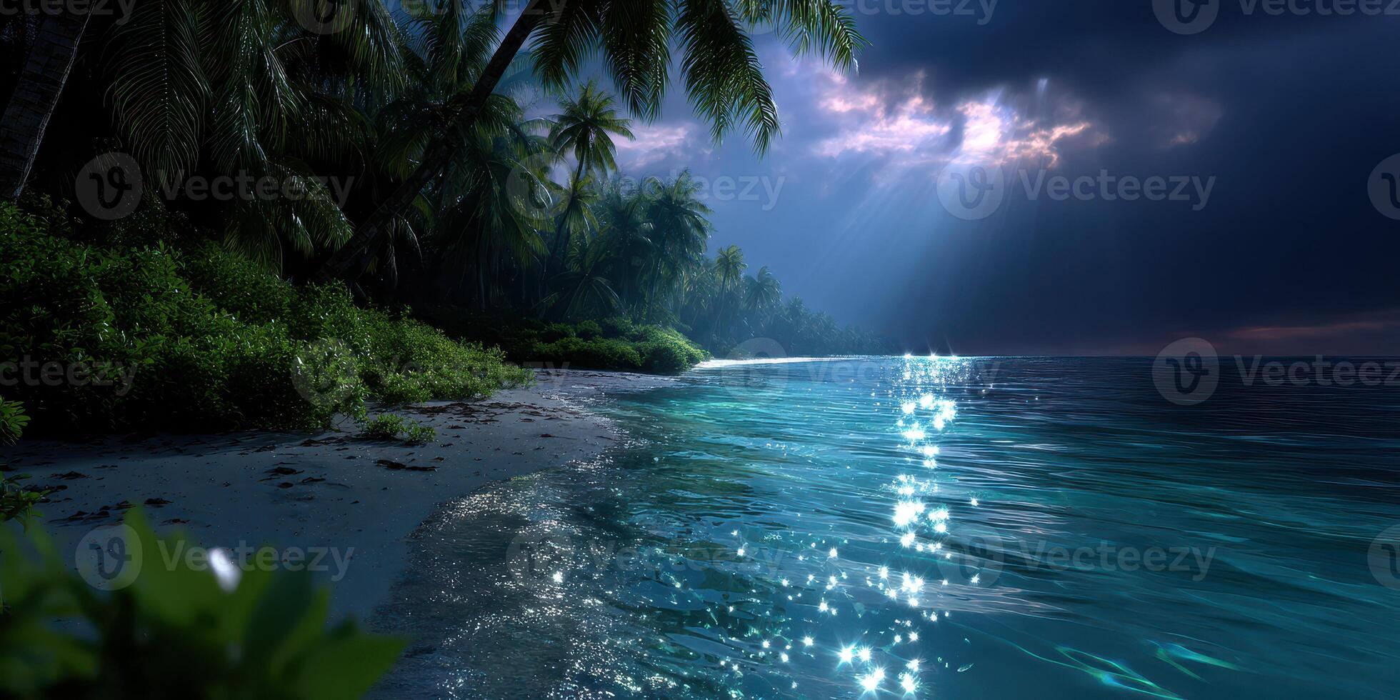 Serene tropical beach under a dramatic sky at twilight with shimmering water reflections photo