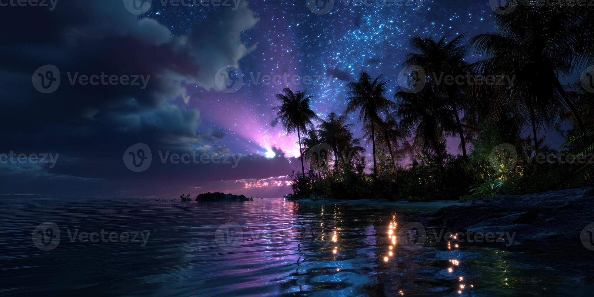 Starlit coastal landscape with palm trees and glowing reflections at night photo