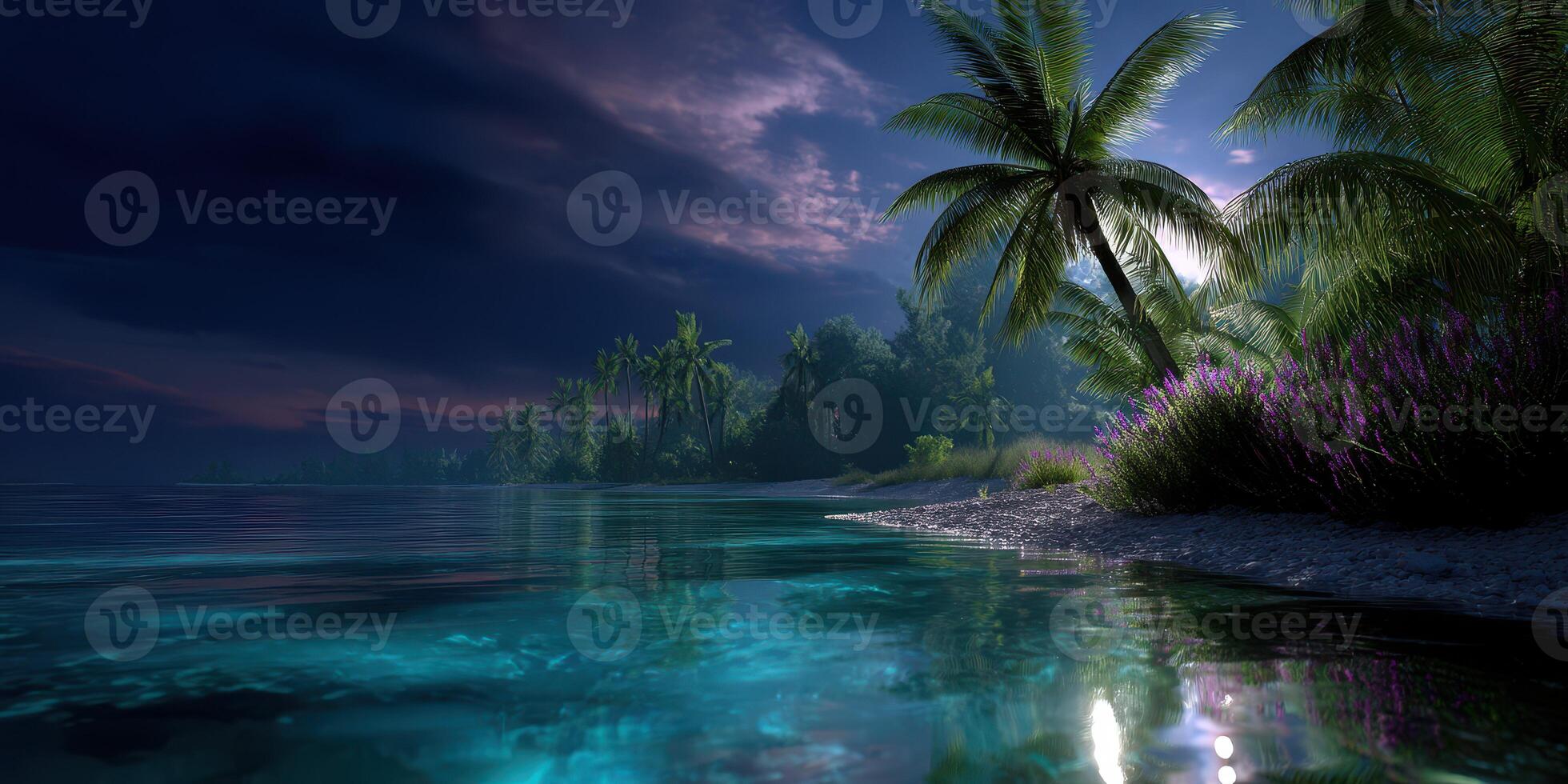 Calm tropical lagoon under a night sky with illuminated water photo